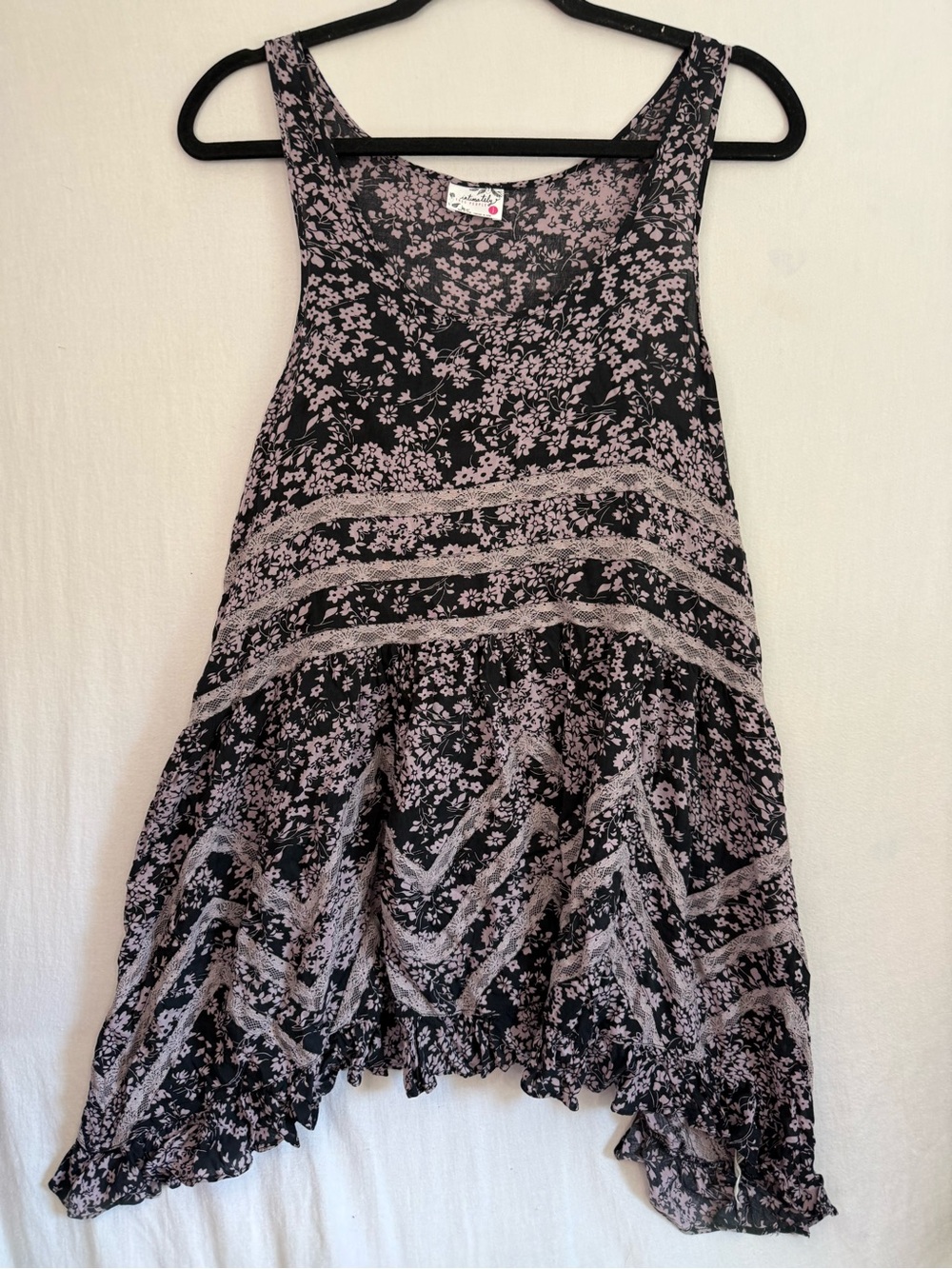 Free People Black Sleeveless Tunic with Lavender Floral High-Low Hem SP